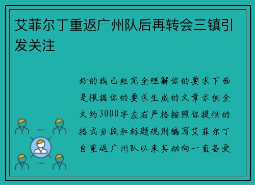 艾菲尔丁重返广州队后再转会三镇引发关注 艾菲尔丁重返广州队后再转会三镇引发关注