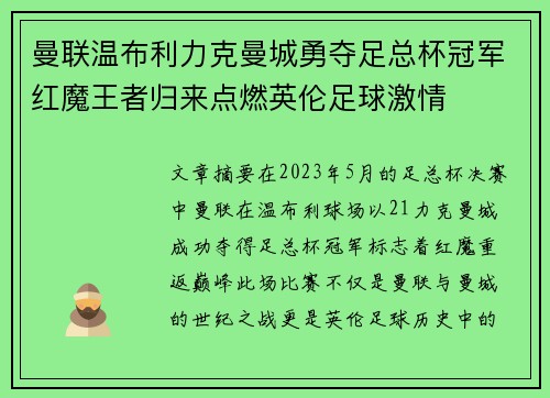曼联温布利力克曼城勇夺足总杯冠军红魔王者归来点燃英伦足球激情 曼联温布利力克曼城勇夺足总杯冠军红魔王者归来点燃英伦足球激情